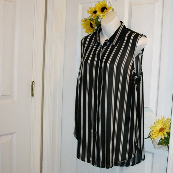 H&M Sheer Button Down Shirt Black White Stripe NWT - Picture 3 of 8